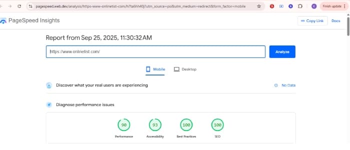 Google PageSpeed Insights report for onlinetist.com showing excellent mobile scores: Performance 90, Accessibility 93, Best Practices 100, and SEO 100.