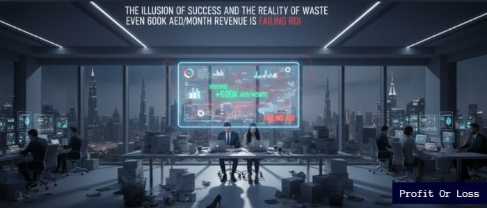 A failing ROI despite 600k AED revenue, visualizing the financial loss caused by poor website development in Dubai.