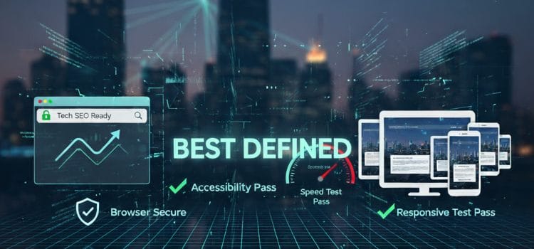 Key elements of the best website developer in Dubai, including SEO, speed, security, accessibility, responsiveness, and structured data.