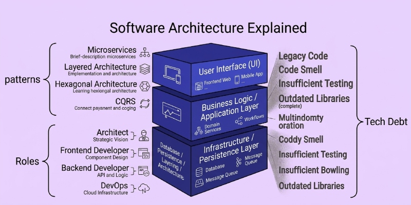 A visual diagram explaining software architecture. The center shows three system layers: User Interface, Business Logic, and Infrastructure. The left side lists architecture patterns like Microservices and team roles such as Architect and DevOps. The right side lists common causes of Tech Debt, including Legacy Code, Code Smell, and Outdated Libraries.